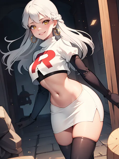 
micaiah fe, silver hair, yellow eyes ,earrings, glossy lips ,team rocket uniform, red letter R, white skirt,white crop top,black thigh-high boots, black elbow gloves, evil smile