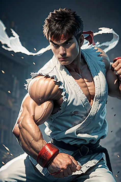 1  man ryu solo、Fighting Game Fighter、street fighter , wearing complete karate kimono、Fitness Body Shape、Pose ready to fight、bat...