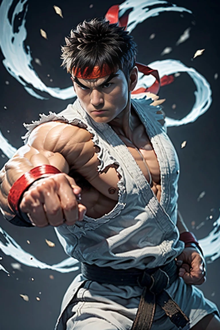 1  man ryu solo、Juego de lucha luchador、luchador callejero , vistiendo un kimono de karate completo、forma del cuerpo fitness、Pose listo para pelear、Mirada de batalla, de cerca,  postura de kárate, haciendo un movimiento especial hadoken