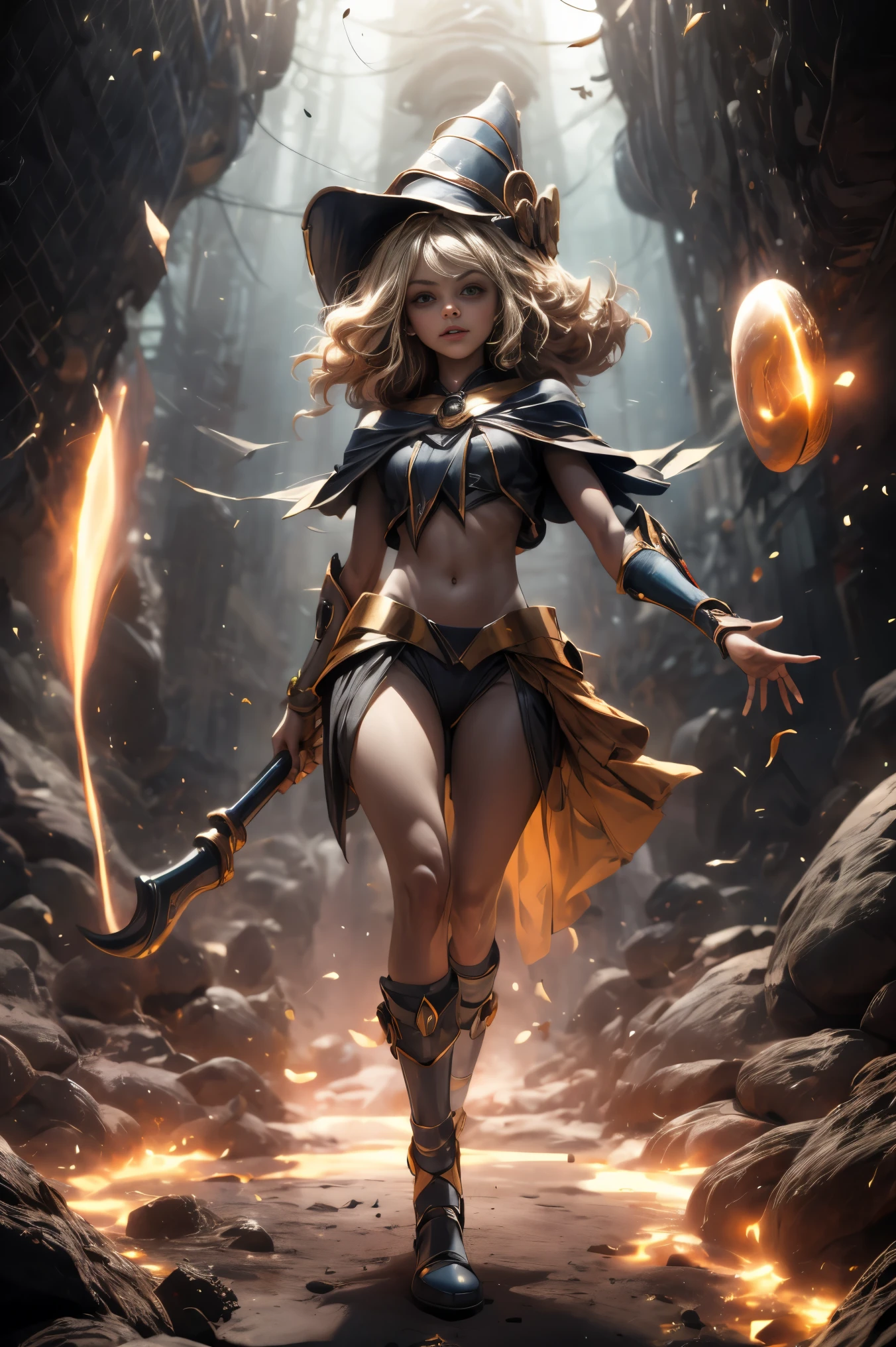 (8k,photorealistic　Raw photography　highest qualityr;1.4) 　(1girl in)　super beauty　(realistic face)　femenine body 　(Blonde with long curls)　Hold a black and red magic wand　combat scene　Magic hat with black and gold exterior　Beautiful expression　Glare　(Real looking skin)　(Giles dark wizards)　Tempting　super high resolution　A hyperrealist　high detail　Full body photo　remains