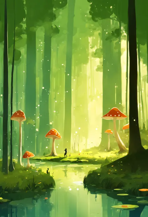 Pascal Campion Style - A fantasy forest scene,trees,mushroom,woods,grass,river
