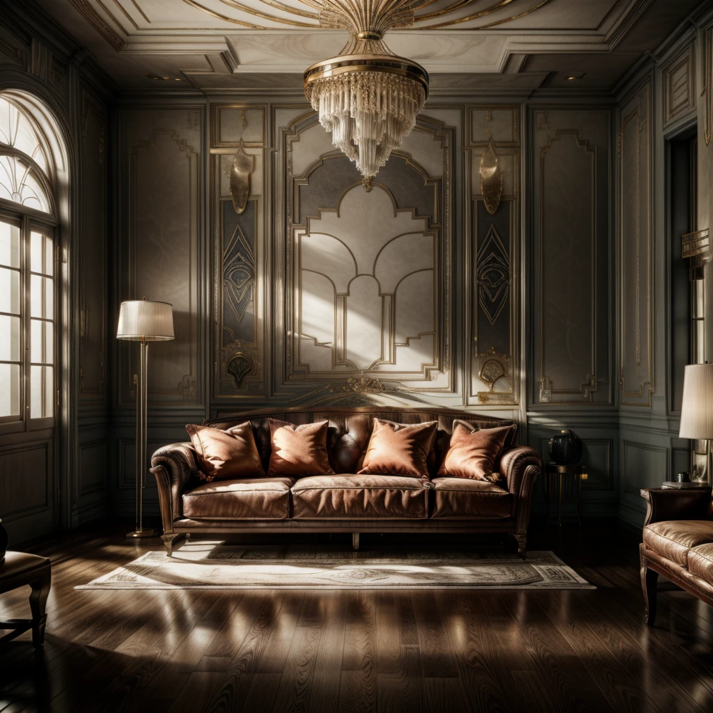 hight resolution, wide angle, eye level view, overhead shot, photorealisic ,8k, ultra detailed, hd, large hall in a mansion, modern up-to-date interior,  a big couch on the right side and one more couch in the back, ((art deco style))