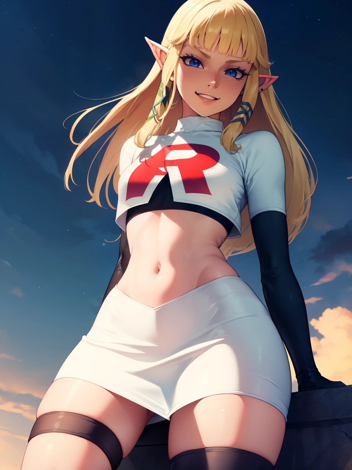 
zelda skyward sword, blonde hair, blue eyes, long hair, pointy ears, sidelocks, elf, bangs, blunt bangs, ribbons, hair ribbons, ,earrings, glossy lips ,team rocket uniform, red letter R, white skirt,white crop top,black thigh-high boots, black elbow gloves, evil smile, looking down on viewer, sitting down ,legs crossed, night sky background