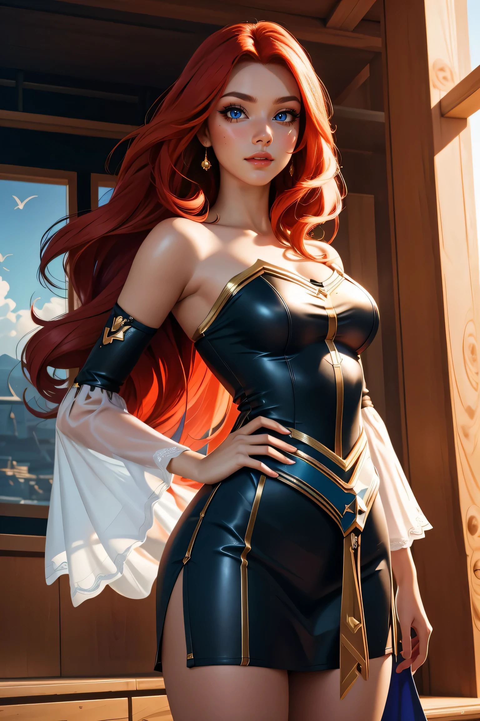 (best quality,4k,8k,highres,masterpiece:1.2),ultra-detailed,(realistic,photorealistic,photo-realistic:1.37),miss fortune (league of legends), 1girl, wearing Star Guardian clothing, extra long hair, strap slip, bare shoulders, detached sleeves, wide sleeves, skirt, portraits, vibrant colors, dramatic lighting