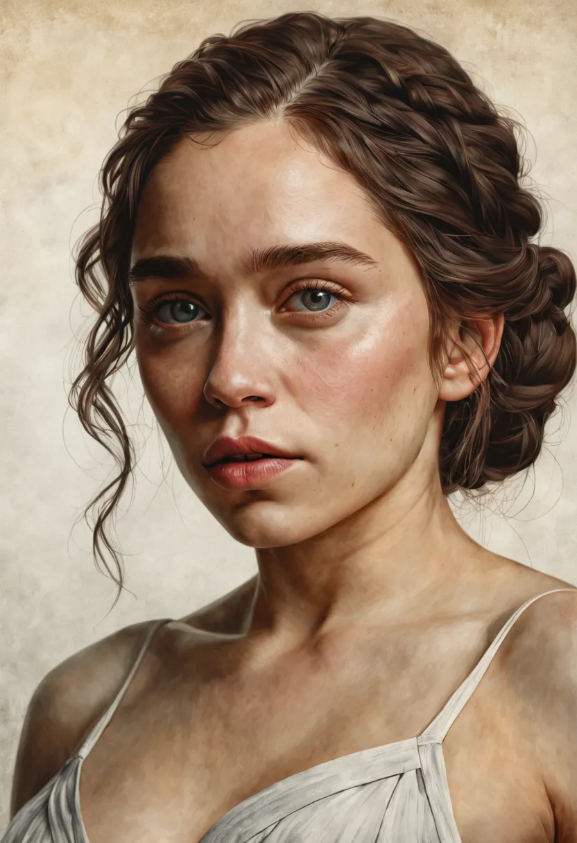 Art by Peter Draws, James Jean. Ink watercolor wash. Vitruvian Woman Beautiful (Emilia Clarke). Sharp eyes, perfect nose, perfec...