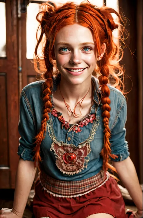 Ultra detailed image of 18 years old Pippi Longstocking, mischievous eyes, long red messy and braided hair, sexy, sloppy look, s...