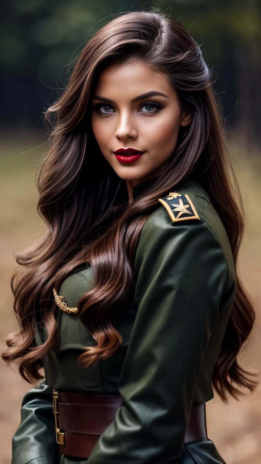 Retro style, beautiful female model, glamorous body, plump body, long haired person, wavy hair, chestnut hair, smooth skin, blue eyes, enchanting smile, dark makeup, red lips, ((military uniform style sexy outfit)), accessories, boots, realist, outdoor, super realistic 8K, super detailed and realistic, posture sculpture, big ass, Wide buttocks
