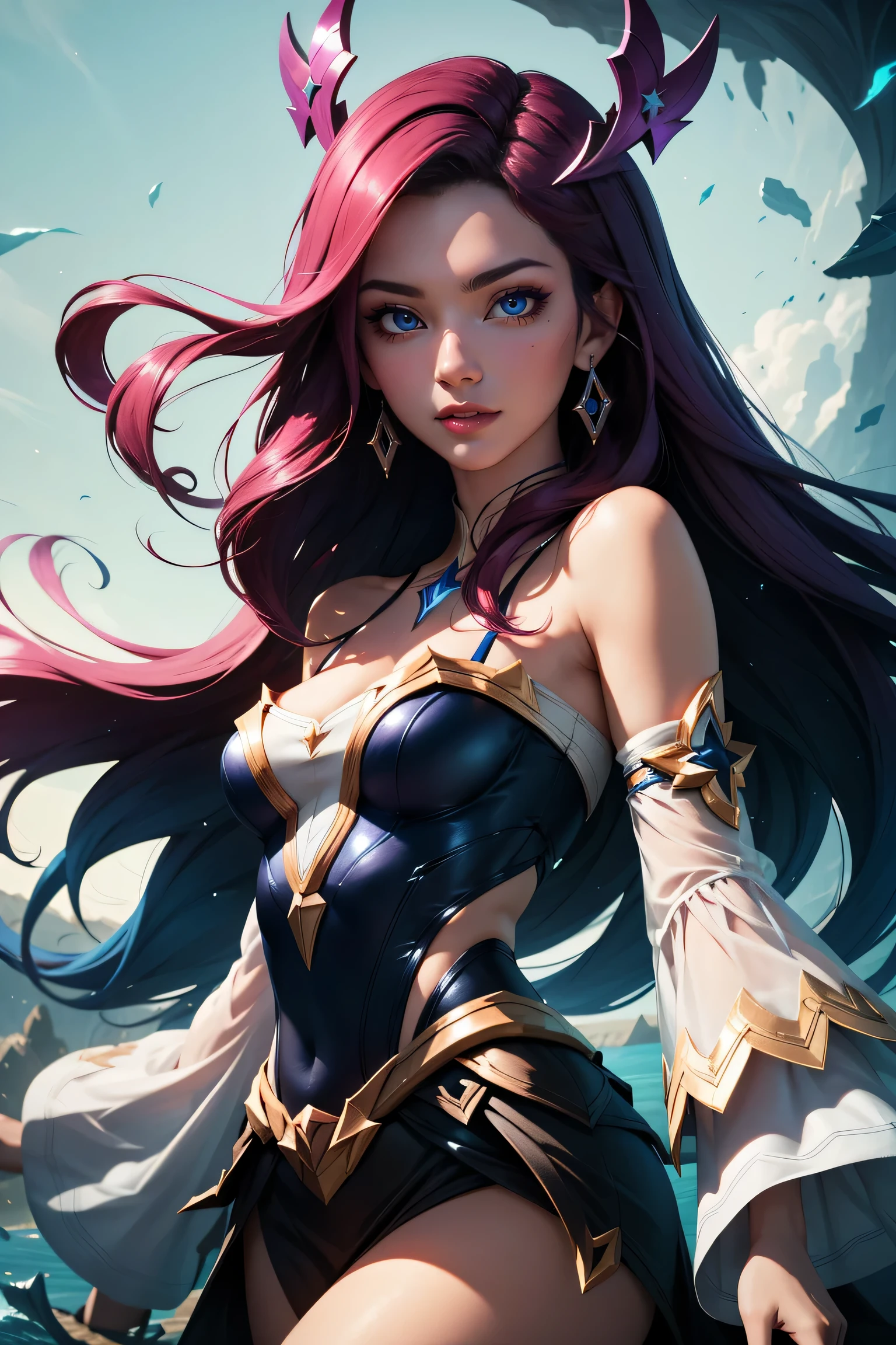 miss fortune (league of legends), 1girl, wearing Star Guardian clothing, extra long hair, strap slip, bare shoulders, detached sleeves, wide sleeves, skirt, portraits, vibrant colors, dramatic lighting