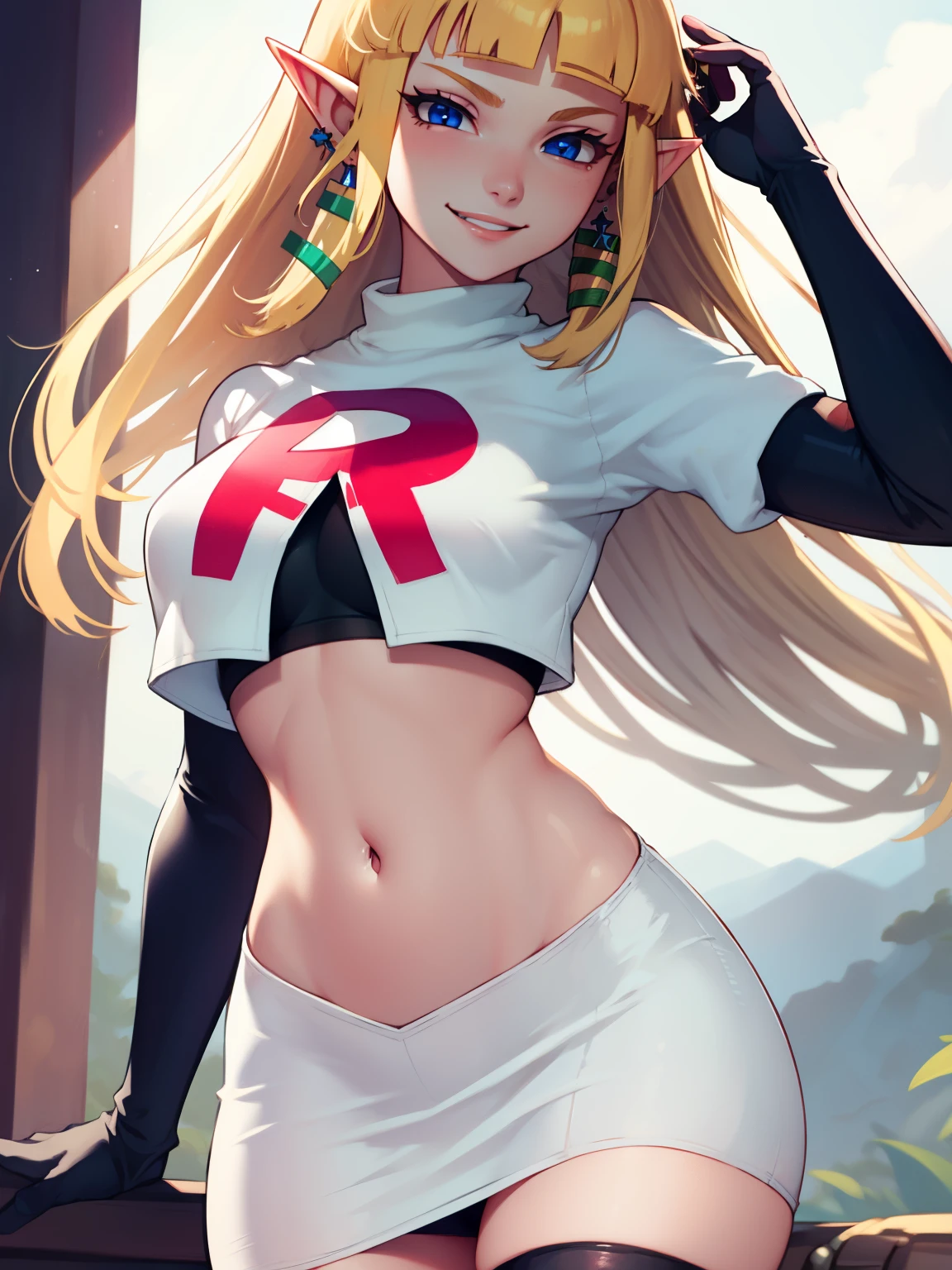 
zelda skyward sword, blonde hair, blue eyes, long hair, pointy ears, sidelocks, elf, bangs, blunt bangs, ribbons, hair ribbons, ,earrings, glossy lips ,team rocket uniform, red letter R, white skirt,white crop top,black thigh-high boots, black elbow gloves, evil smile