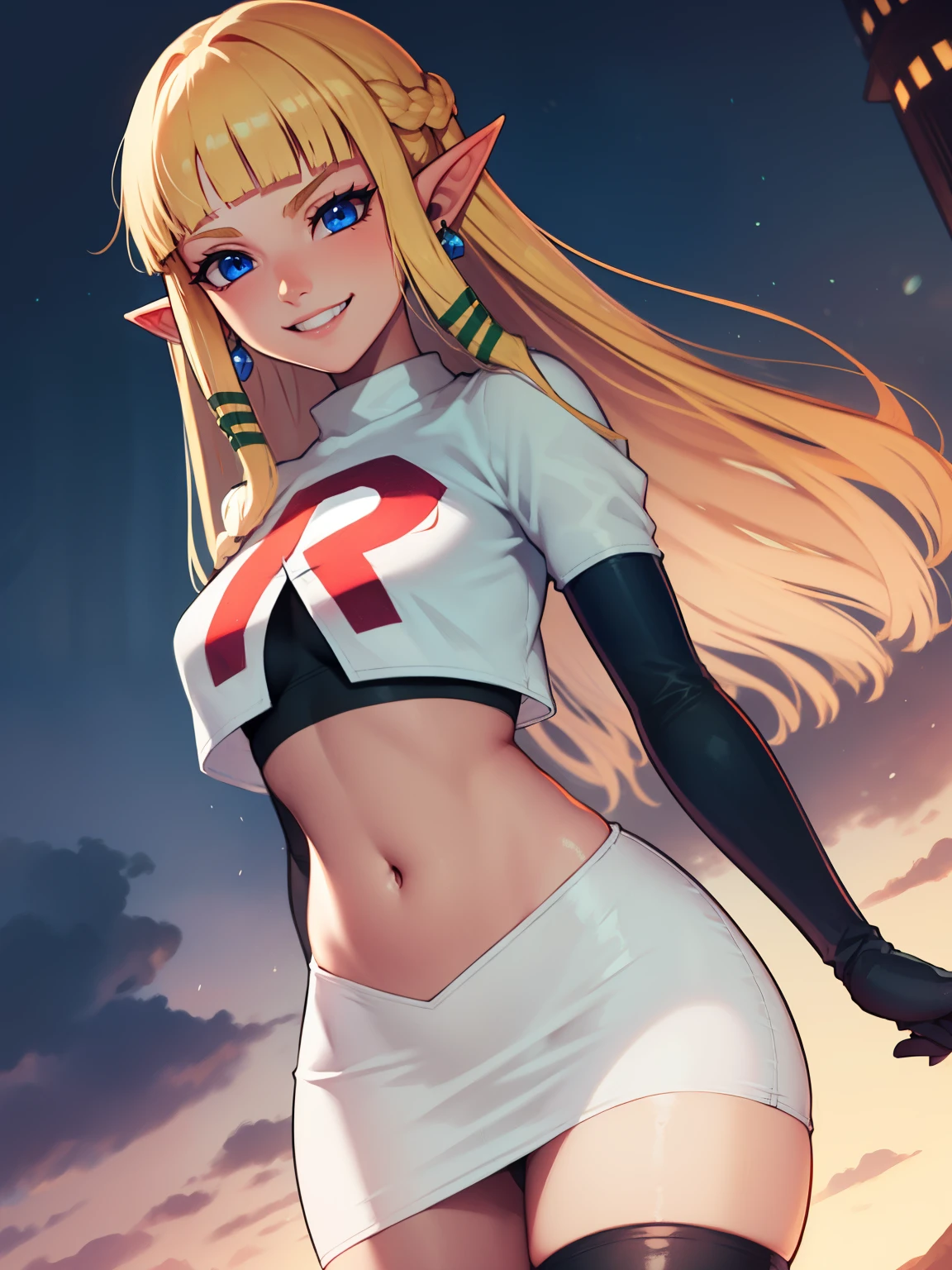 
zelda skyward sword, blonde hair, blue eyes, long hair, pointy ears, sidelocks, elf, bangs, blunt bangs, ribbons, hair ribbons, ,earrings, glossy lips ,team rocket uniform, red letter R, white skirt,white crop top,black thigh-high boots, black elbow gloves, evil smile