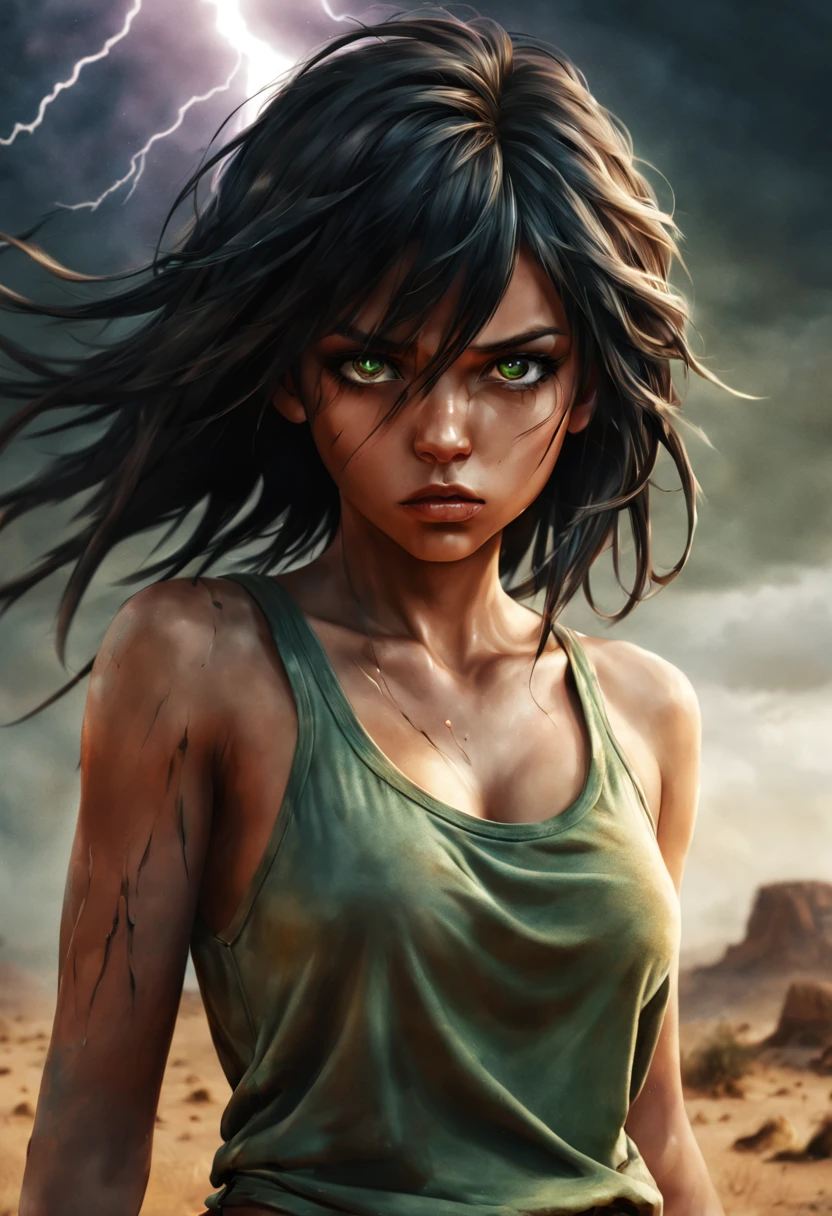 Full length view, survival girl, desert, lightning, tanned skin, tank top, manga style, mysterious, torn clothes, green eyes, perfect face, messy black hair, real skin, whole body, perfect soft impressionist composition, big reflective eyes , dramatic, insanely detailed, 4k resolution, cinematic, dramatic atmosphere, surround lighting, cinematic lighting, studio quality