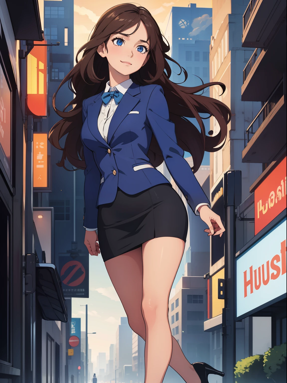 ((masterpiece)), ((best quality)), ((highres)), 1girl, solo, reporter, bare legs, looking at viewer, light particles, city backdrop, perfect hands, perfect eyes, perfect legs, perfect arms, perfect fingers, medium breasts, standing, brown hair, long hair, curly hair, matching shoes, high heels, blue eyes, cute face, hair down, smirk, blue suit and tie, miniskirt, pencil skirt, comma hair, forehead comma hair, beautiful detailed eyes, full body shot