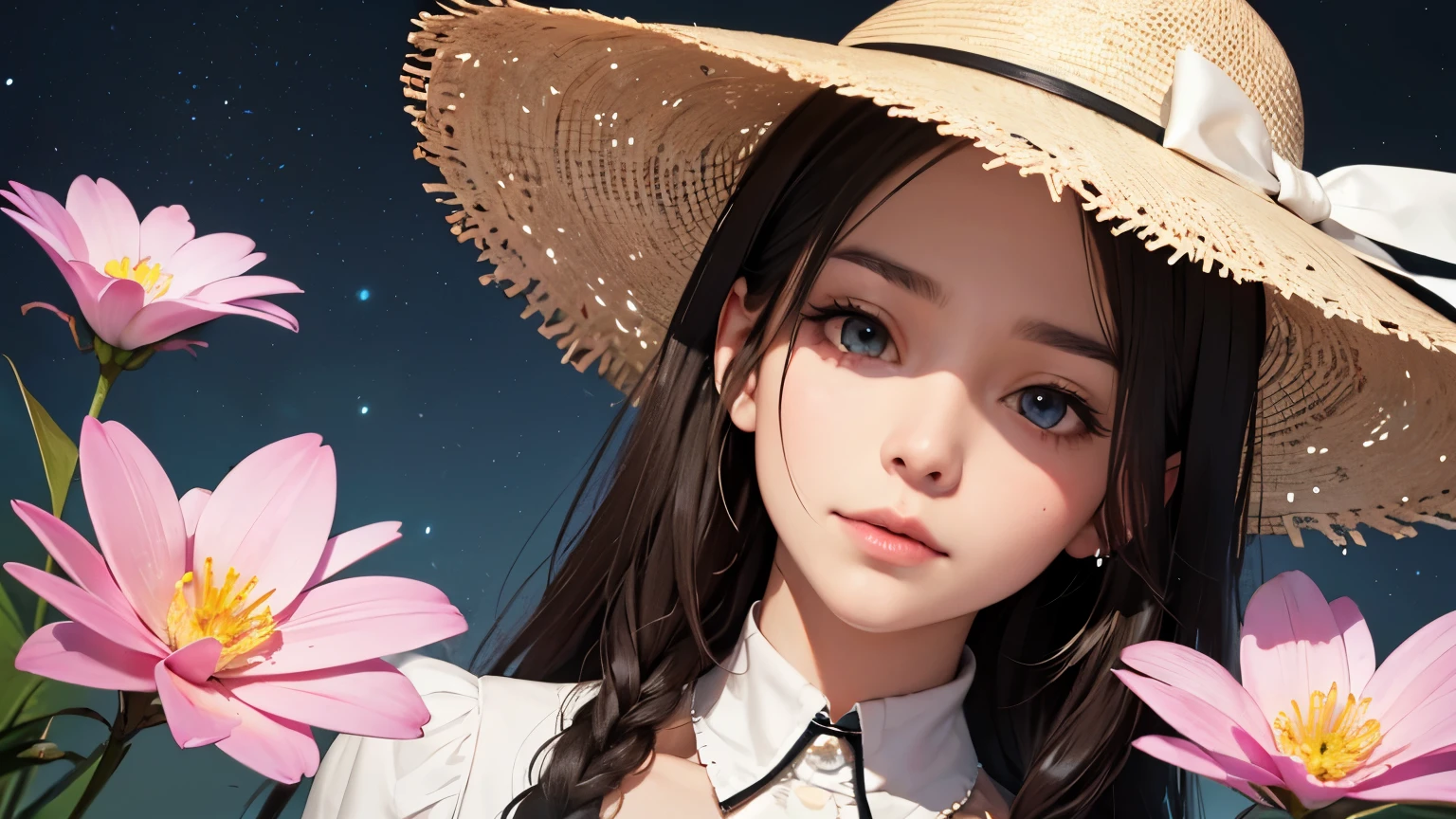 Anime girl with a straw hat and flowers in the background - SeaArt AI