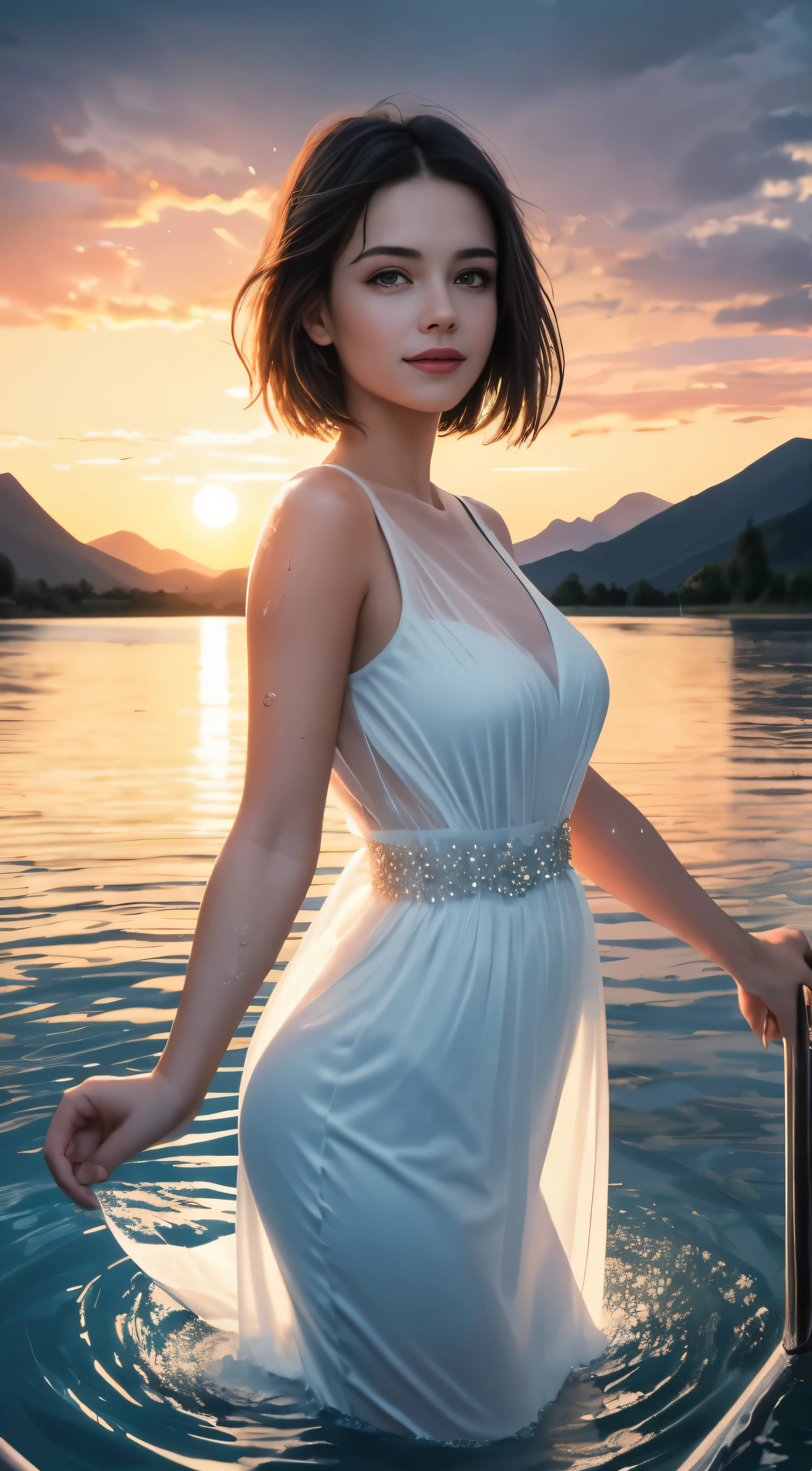 Masterpiece, Best Quality, Film Stills, 1girl, Big Tits, Transparent Dress, Looking at the Audience, Skirt Wet, Swimming in the River, Mountains in the Distance, White Clouds, Bright, Happy, Warm Soft Lights, Sunset, Detailed Water Surface Ripples (Water Droplets: 0.7)