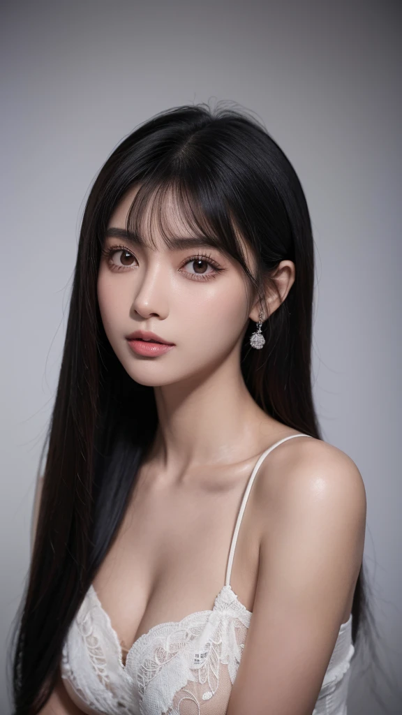 Close up de uma mulher em um vestido rosa posando para uma foto, com cabelo comprido preto com franja, Asian woman with long black hair with bangs, Garota japonesa com franja cabelo preto, pequenos seios, corte de cabelo longo preto com franja, seios pequenos, perfeito skin, cabelo molhado preto com franja, perfeito, Cabelo escuro preto com franja, olhos escuros, textura altamente detalhada do rosto e da pele, belos olhos, cabelo com franja preto, sorrindo, japonesa