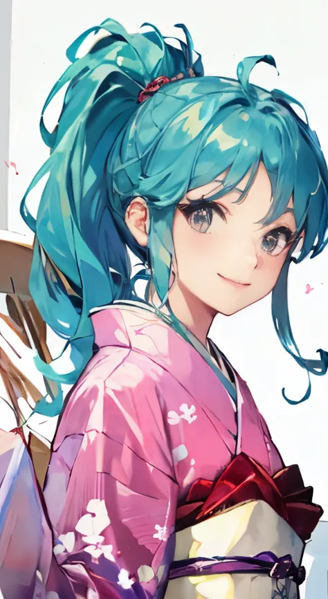 woman、pink kimono、kimono、blue hair、ponytail、smile、air、sit、