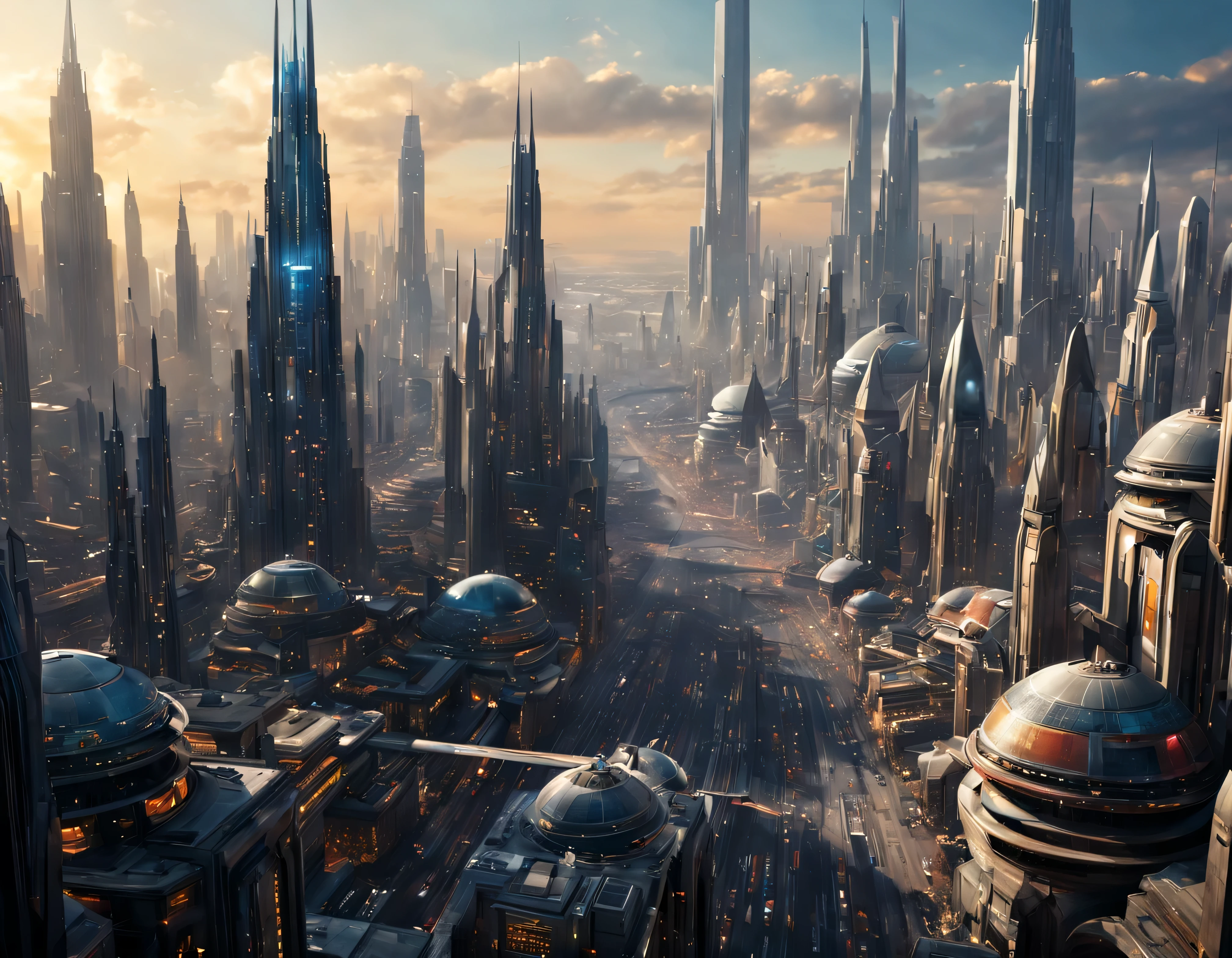 (The city of Coruscant from Star Wars as designed by Doug Chiang), futuristic fantasy city with immense buildings of technological design (que forman una avenida infinita), edificios compactor no difuminados con aspecto metalico, luces en ventanas en edificios, iluminacion diurna con sol, con estructuras acristaladas espectaculares, (con colores vivos). pavimento ensolado (sin brillo). gente paseando. imagen bien definida con muchos edificios juntos. imagen nitida bien definida 8k. los edificios llegan alta el fondo.,8k. imagen cinematografica. ((obra maestra de superior calidad)). (renderizado 3D).