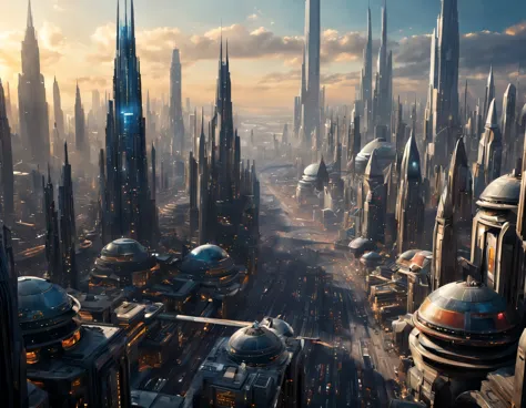 (the city of coruscant from star wars as designed by doug chiang), futuristic fantasy city with immense buildings of technologic...