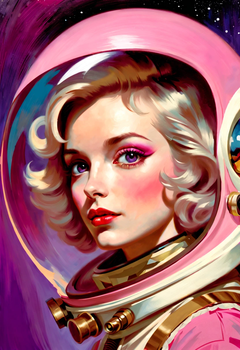 18th century masterpiece. Rolf Armstrong, Lichtenstein, Craig Davison, Artgerm, Fragonard, Ed Emshwiller. Perfect face, detailed face, detailed eyes. Exquisitely detailed portrait rococopunk astronaut wearing glass space helmet. Complex background. Pink tones, purple tones, red tones, gold. Oil painting, heavy strokes, exquisite clothing. Vogue fashion shoot.