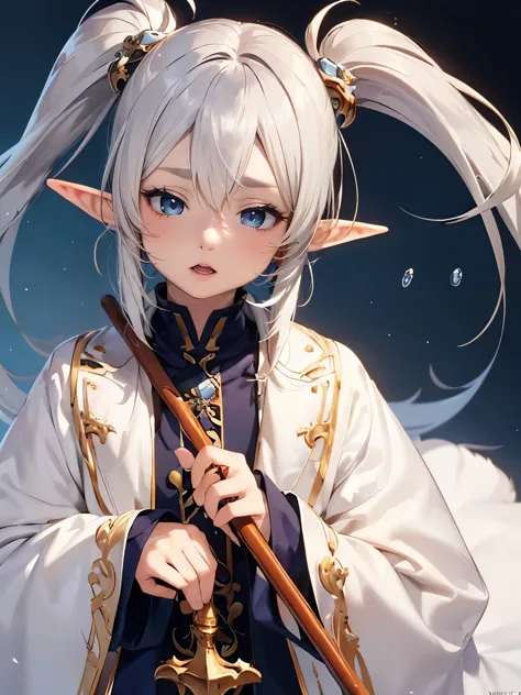 stylized manga character, adult wizard elf, , (white colored eyebrows are very short, drooping eyes, realistic skin, sleepy)), (...