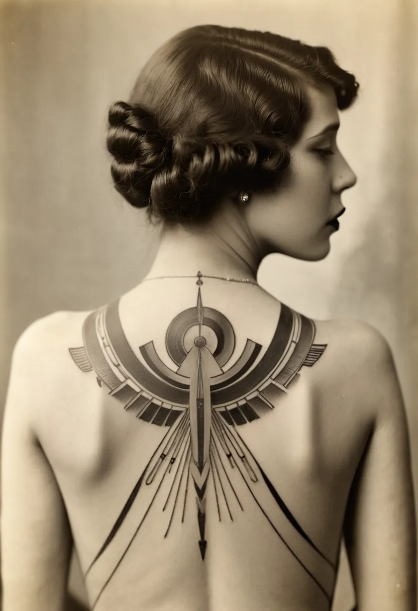 art deco tatto on a woman's back, agressive, year 1925 in paris.