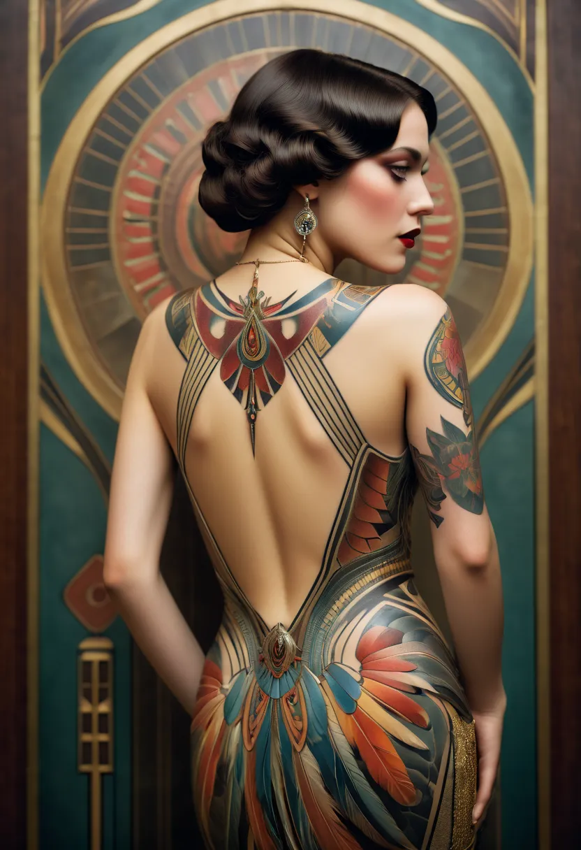 (highres:1.2),art deco tattoo on a woman's back,aggressive,1925 in Paris,woman with a strong expression,exquisite details,expres...