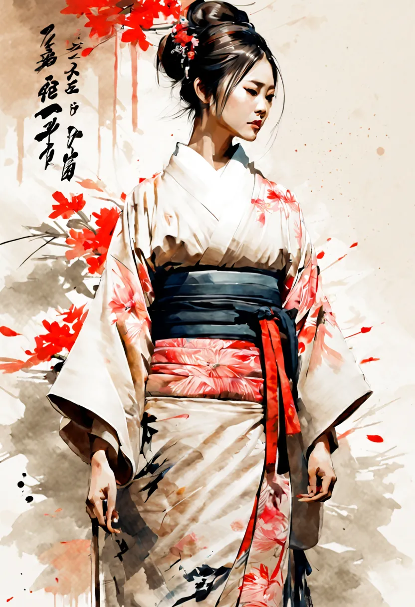 Masterpiece, best quality, beautiful woman wearing yukata, ink painting in the style of artists like Russ Mills, Sakimichan, Wlo...