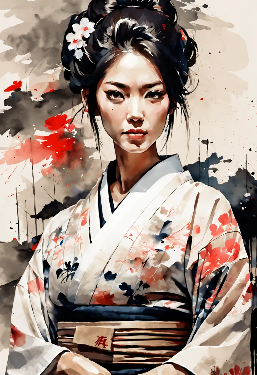 Masterpiece, best quality, beautiful woman wearing yukata, ink painting in the style of artists like Russ Mills, Sakimichan, Wlo...