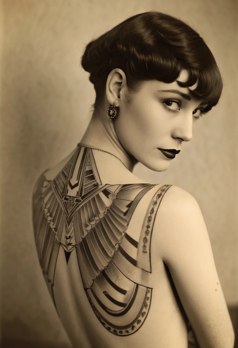 tatuagem art déco nas costas de uma mulher, agressive, ano 1925 em paris.