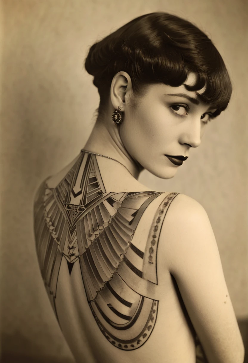 art deco tatto on a woman's back, agressive, year 1925 in paris.