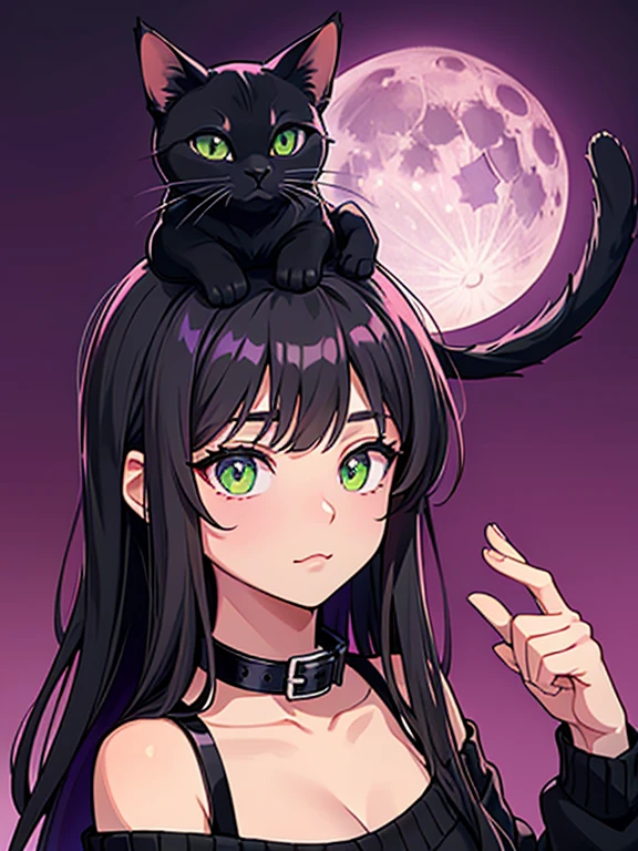 A black cat with olive green eyes wearing a purple collar and a black sweater, pink background along with the full moon behind, un estilo de dibujo cute y adorable que haga ver al gato muy tierno , no humanos, un gato