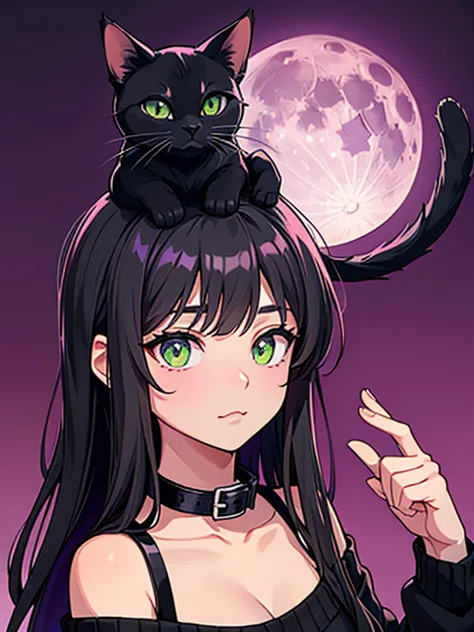 A black cat with olive green eyes wearing a purple collar and a black sweater, pink background along with the full moon behind, ...