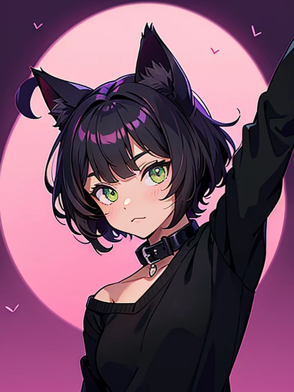 Un gato negro con ojos verde oliva que lleva un collar morado y un suéter negro., fondo rosa junto con la luna llena detrás, un estilo de dibujo cute y adorable que haga ver al gato muy tierno , no humanos, un gato