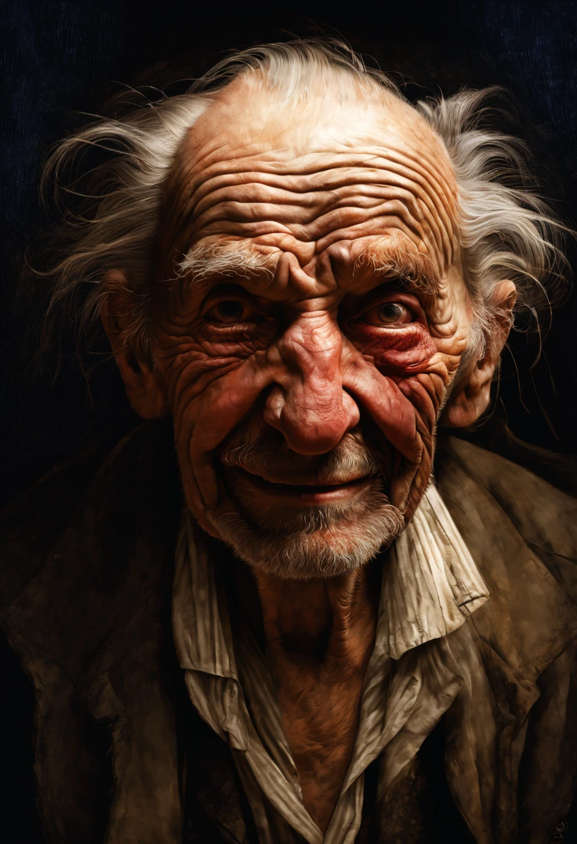 an elderly man's face is covered in deep wrinkles + concept art. Very beautiful, gouache, cinematic. Jean-Baptiste Monge, ultra-stunning lighting, dark, creepy, mysterious, modern vintage. in Paris, Coby Whitmore, artgerm, Ray Caesar, Liechtenstein, Fragonard. Oil painting with heavy strokes, best quality. Perfect face, wide smile, detailed eyes, detailed pupils. Dramatic lighting, deep shadows, chiaroscuro.
