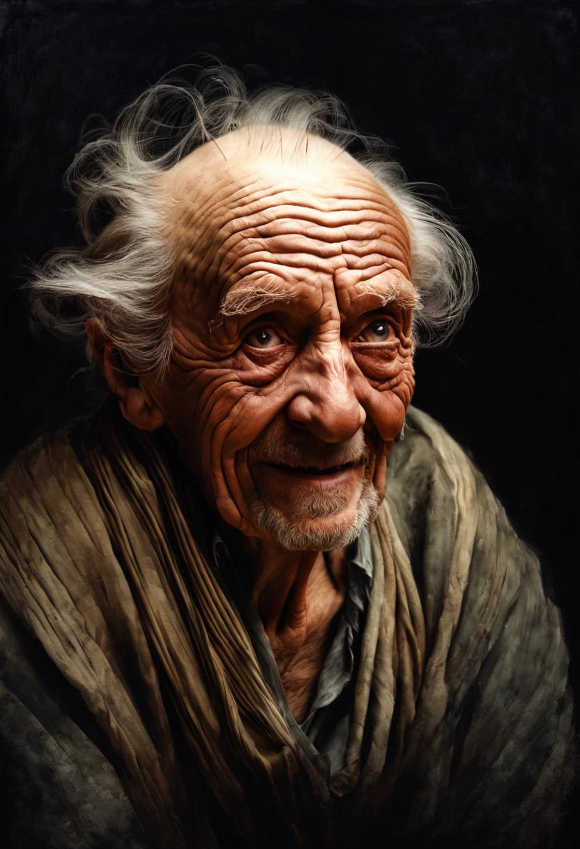 el rostro de un anciano está cubierto de profundas arrugas + Arte conceptual. muy hermoso, gouache, cinematográfico. Jean-Baptiste Monge, iluminación ultra impresionante, dark, Espeluznante, misterioso, vendimia moderna. en París, Coby Whitmore, artegerm, Ray César, Liechtenstein, Fragonard. Pintura al óleo con trazos fuertes., mejor calidad. cara perfecta, amplia sonrisa, ojos detallados, alumnos detallados. iluminación dramática, sombras profundas, chiaroscuro.
