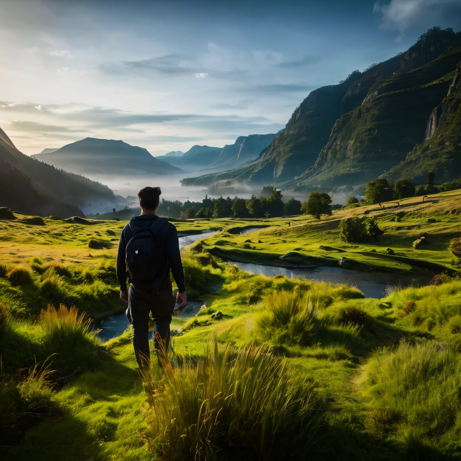 Create a desolate landscape of valleys and mountains, Wrapped in thick fog, Less sunshine, with twisted wood and thick trunks,, Undergrowth reminiscent of grass and grass, In a hyper-realistic landscape, With dead color, 4K, cinematic lighting, Natural light, film grain, cinematic lighting, high detail, Photoreal, Photorealistic, Volumetric lighting and shading，A man stands with a backpack，Rear view of a woman with her arms crossed，