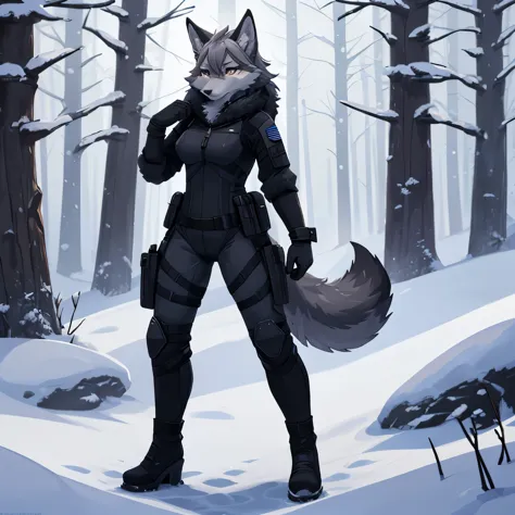 Шедевр, лучшее качество, one female furry wolf, (grey fur 1), medium hair, in tight black tactical suit, In thigh-high boots, in...