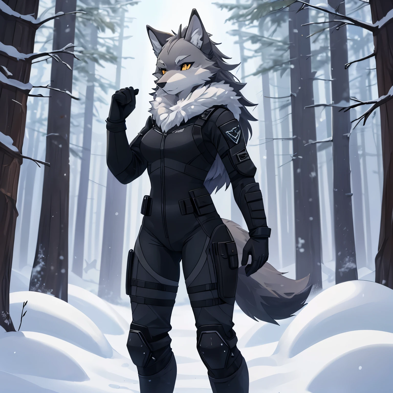 Шедевр, лучшее качество, одна самка пушистого волка, (серый мех 1), средние волосы, в облегающем черном тактическом костюме, В сапогах до бедра, в длинных перчатках, спокойно стоять в снежном лесу, 