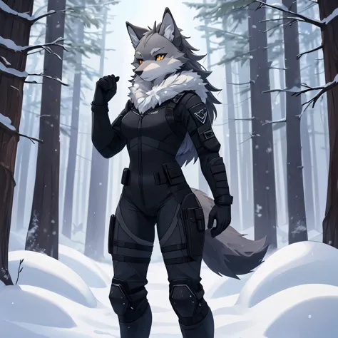 Шедевр, лучшее качество, one female furry wolf, (grey fur 1), medium hair, in tight black tactical suit, In thigh-high boots, in...