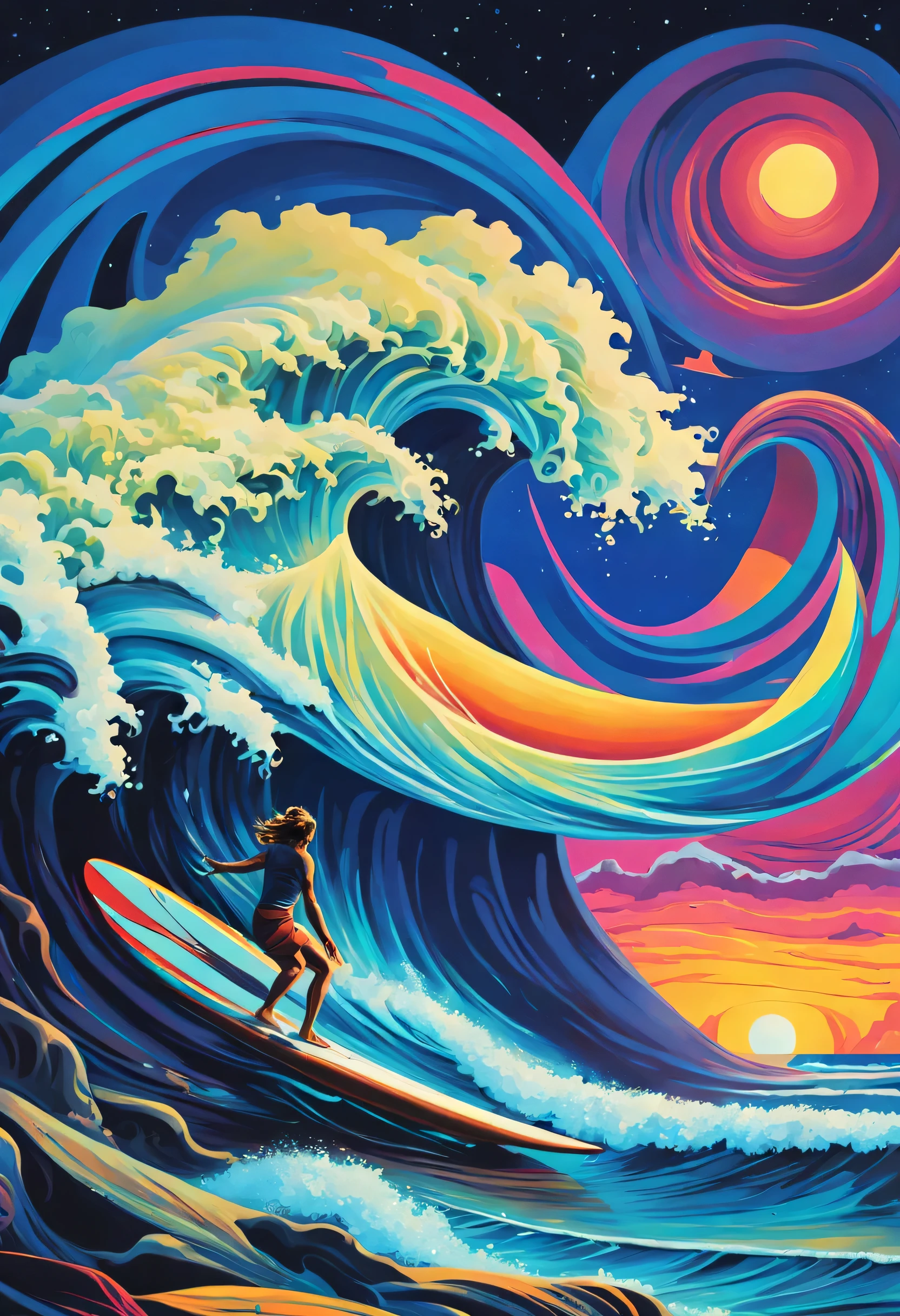 Erschaffe ein surreales CGI-Kunstwerk, das Philosophie und Surfen in einem extravagant seltsamen Stil vereint.. Stellen Sie sich eine Meereslandschaft in der Dämmerung vor, in der sich Wellen in Schwimmkörper verwandeln., arkane Symbole. Zeigt einen Surfer, der auf einem schwebenden Brett durch kosmisches Wissen navigiert.. Verleihen Sie lebendigen, Außerweltliche Farben mit einem Hauch von Surrealismus im Stil von Salvador Dalí.. Halten Sie es prägnant, mach es seltsam, und sorgen für einen exzentrischen Mix aus Philosophie und Surfen, der über das Gewöhnliche hinausgeht