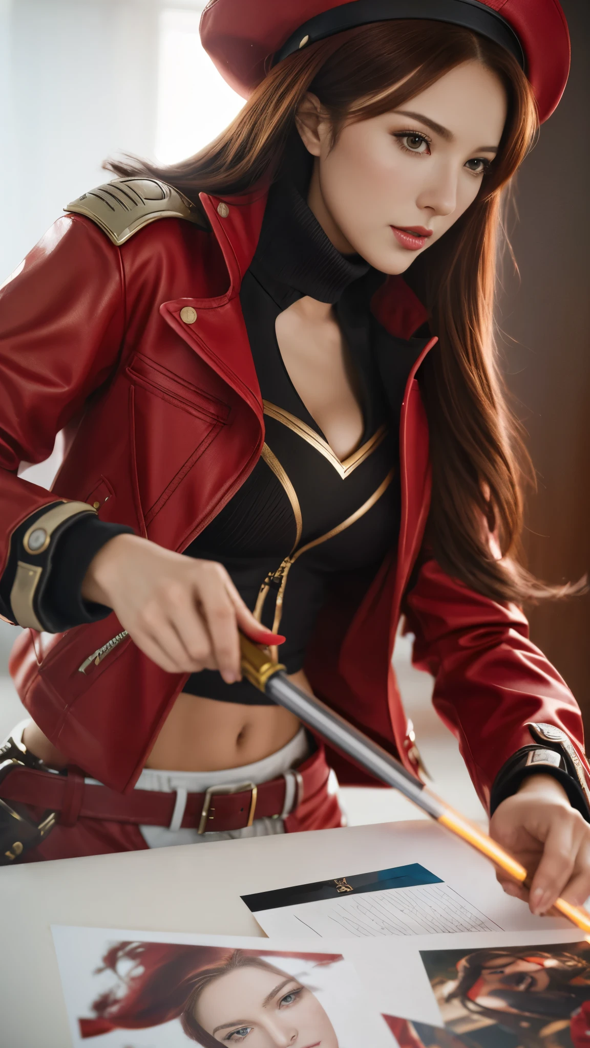 un primer plano de una mujer con un abrigo rojo sosteniendo un rifle, señorita fortuna league of legends, señorita fortuna, extremely detailed artegerm, artegerm detailed, cushart krenz arte clave femenino, style artegerm, range murata and artegerm, artegerm. Alto detalle, ig model | artegerm, graphic artist artegerm