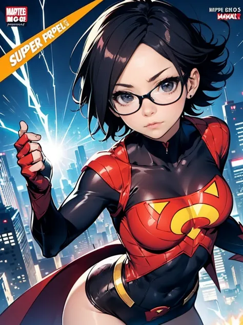 (Sarada Uchiha,bodysuit, Estilo de capa de quadrinhos)，Comic book cover title,super hero land,city, action,fight,(((Comic book c...