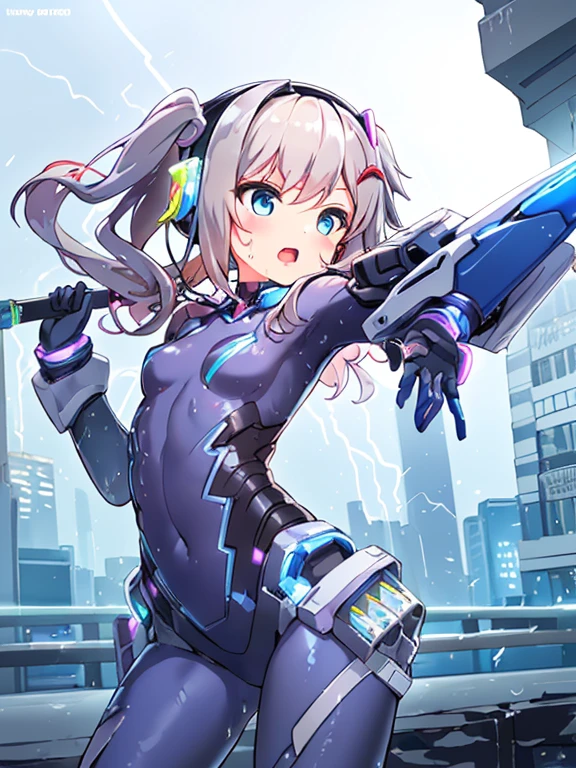 ((masterpiece:1.4、highest quality))+、(super detailed)+、
1 girl、cyberpunk city、flat chest、headphone、wavy hair、mecha clothes、(robot girl)、Cool move、Silver Bodysuit、colorful background、Wet day、(lightning effect)、Silver Dragon Armor、(cold face)、cowboy shot、pretty girl