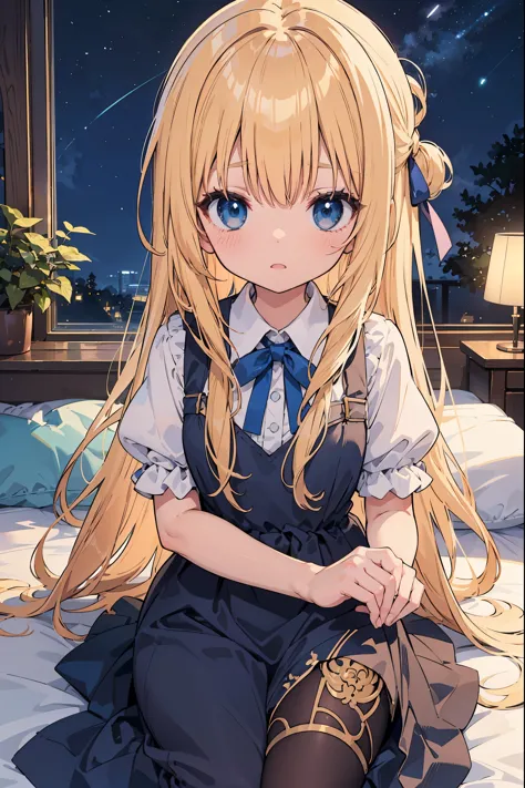 Highly detailed CG integrated 8k wallpaper、very fine 8KCG wallpaper、absurd、、highest quality、super detailed、beautiful face、Anime girl sitting on bed in blue dress and white shirt, splash art anime loli, long hair blonde anime girl, anime style like fate, An...