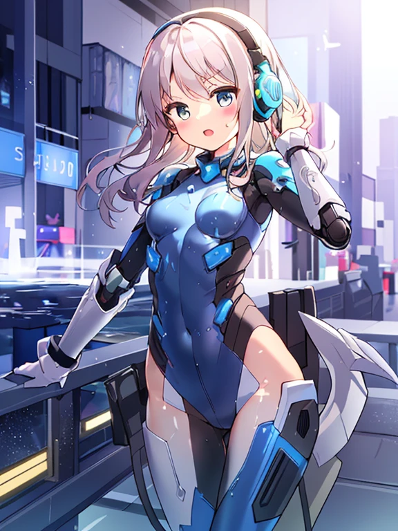 ((masterpiece:1.4、highest quality))+、(super detailed)+、
1 girl、cyberpunk city、flat chest、headphone、wavy hair、mecha clothes、(robot girl)、Cool move、Silver Bodysuit、colorful background、Wet day、(lightning effect)、Silver Dragon Armor、(cold face)、cowboy shot、pretty girl