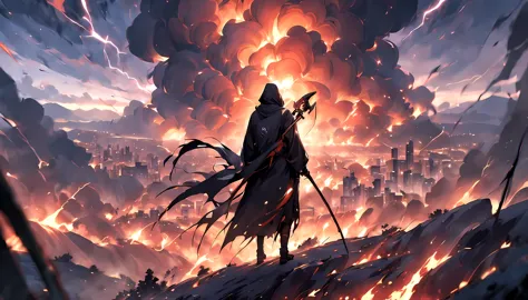 Person on a hill watching a city on fire during a lightning storm as the reaper with his scythe descends from the skies, masterp...