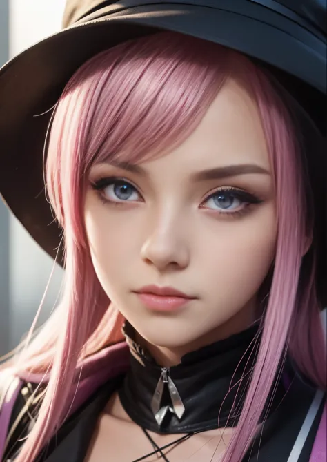 1 girl with pink hair and black hat with purple eyes, character close up, character close-up, rendered in sfm, close up characte...