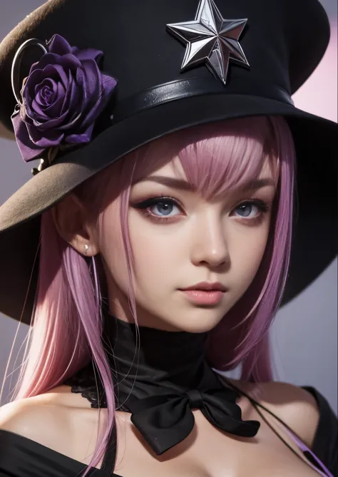 1 girl with pink hair and black hat with purple eyes, character close up, character close-up, rendered in sfm, close up characte...