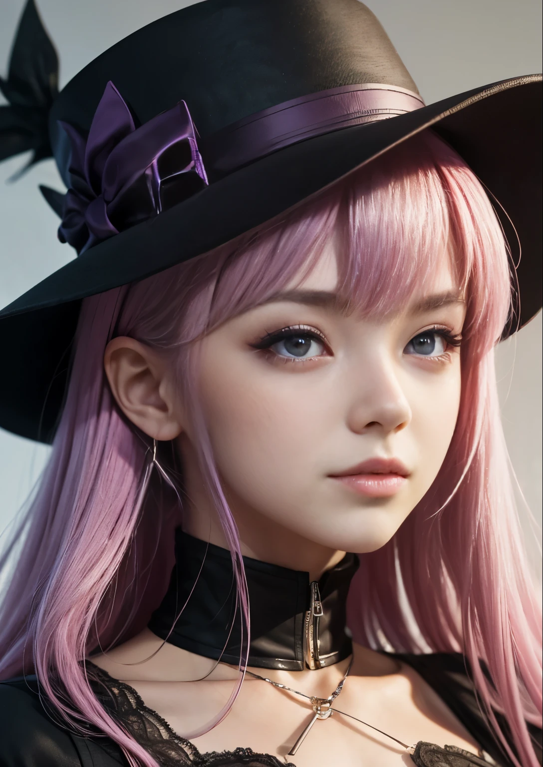 1 girl with pink hair and black hat with purple eyes, character close up, character close-up, rendered in sfm, close up character, 4 k octan render, persona 5 art style wlop, render of a cute girl, character art closeup, close up of a young  girl, shalltear from overlord