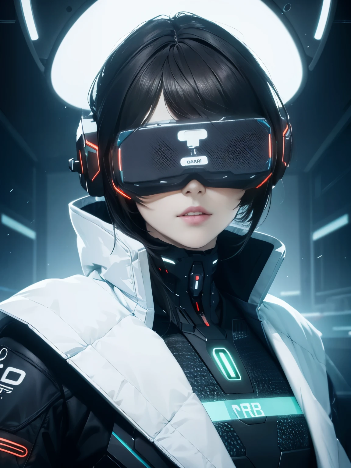 ((highest quality)), ((masterpiece)), (very detailed:1.3), 3D, beautiful (cyber punk:1.3) Female Hacker, mohican hairstyle, Back to Viewer, dark hair, operating computer terminals, (head mounted display):1.5, computer server, LCD Screen, fiber optic cable, company logo, HDR (high dynamic range), ray tracing, NVIDIA RTX, super resolution, unreal 5, Scattered beneath the surface, PBR texture, Post-processing, anisotropic filtering, Depth of bounds written, maximum sharpness and sharpness, multilayer texture, Albedo map and highlight map, surface shading, Accurate simulation of light-matter interactions, perfect ratio, octane rendering, duotone lighting, Low ISO, White balance, Rule of thirds, wide aperture, 8K students, efficient subpixel, subpixel convolution, luminescent particles, dynamic pose